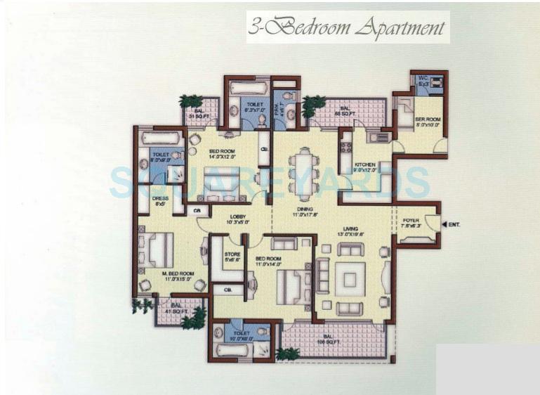 Floor plan of 3 BHK 2450 Sq. Ft. Apartment in Vipul Belmonte, Gurgaon