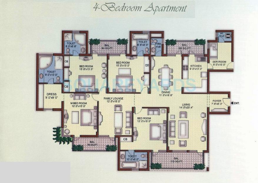 Floor plan of 4 BHK 3110 Sq. Ft. Apartment in Vipul Belmonte, Gurgaon