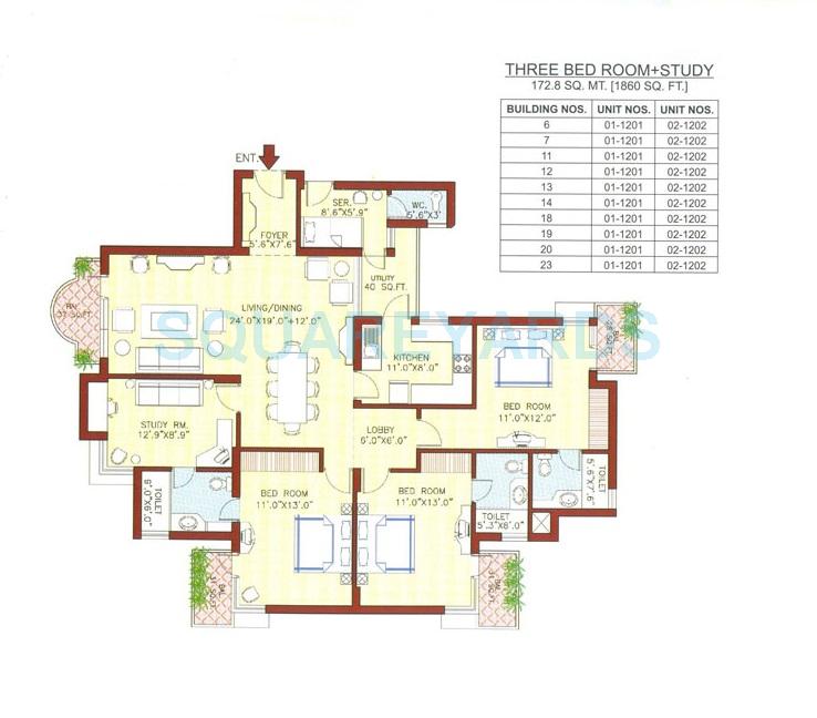 Floor plan of 3 BHK 1860 Sq. Ft. Apartment in Vipul Greens, Gurgaon
