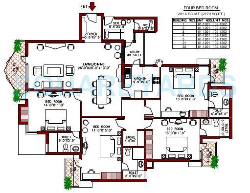 Floor plan of 4 BHK 2170 Sq. Ft. Apartment in Vipul Greens, Gurgaon