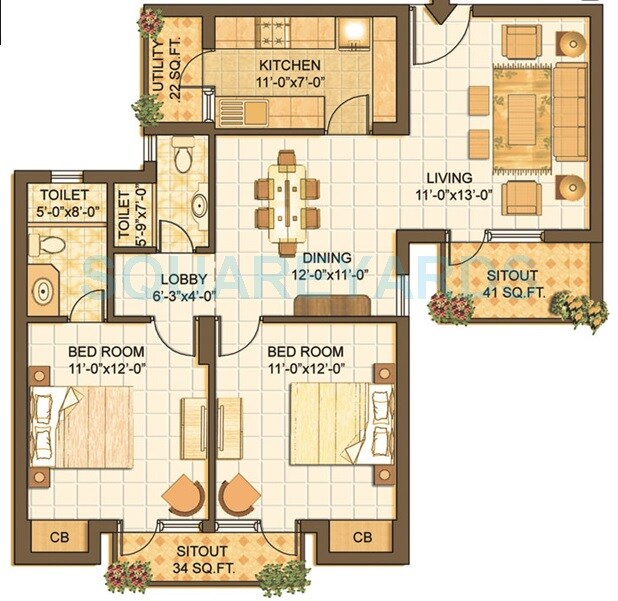 Floor plan of 2 BHK 1225 Sq. Ft. Apartment in Vipul Lavanya, Gurgaon