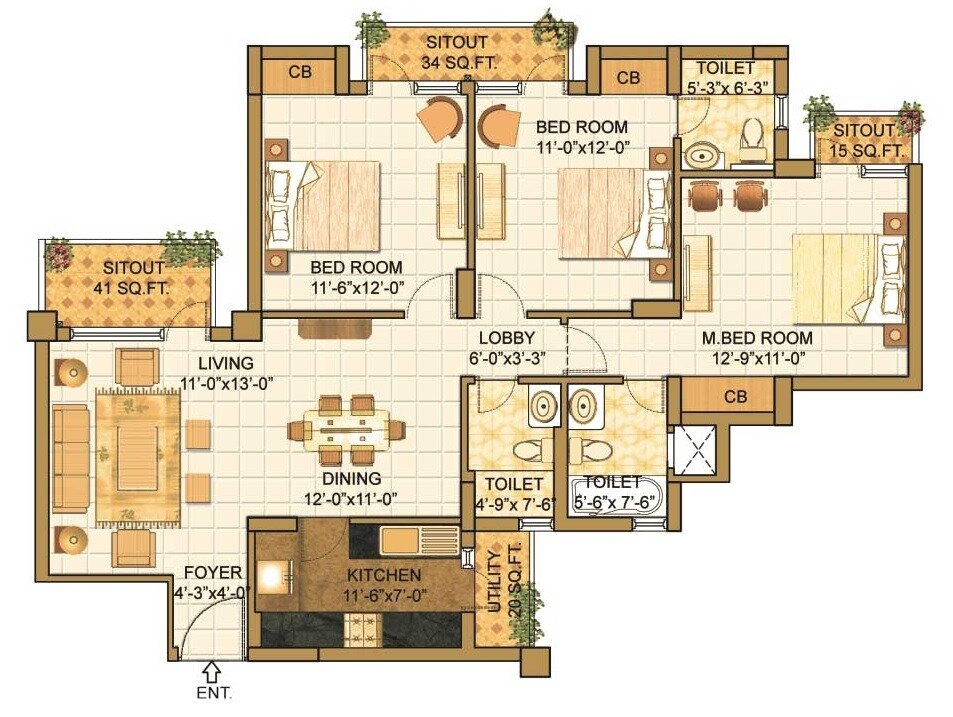 Floor plan of 3 BHK 1560 Sq. Ft. Apartment in Vipul Lavanya, Gurgaon