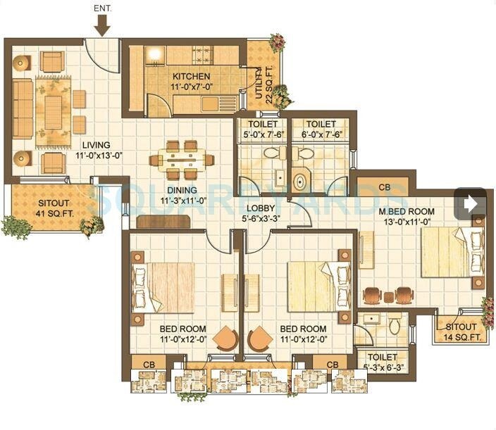 Floor plan of 3 BHK 1530 Sq. Ft. Apartment in Vipul Lavanya, Gurgaon