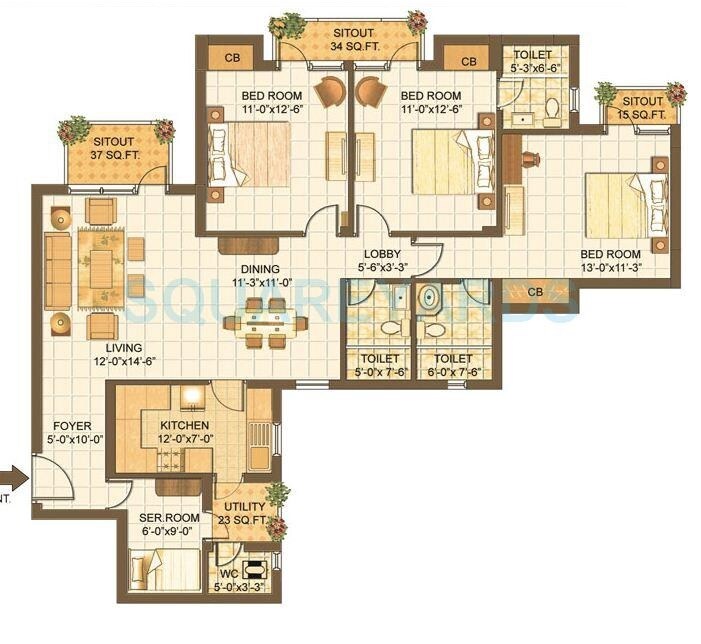 Floor plan of 3 BHK 1780 Sq. Ft. Apartment in Vipul Lavanya, Gurgaon