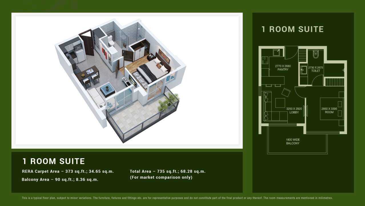 Floor plan of 1 BHK 735 Sq. Ft. Apartment in Viridian Plaza 106 Phase 2, Gurgaon