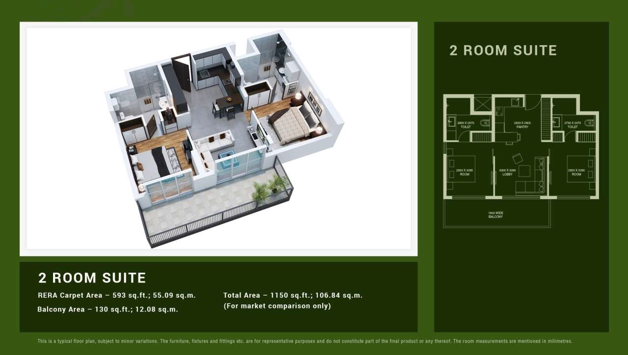Floor plan of 2 BHK 1150 Sq. Ft. Apartment in Viridian Plaza 106 Phase 2, Gurgaon