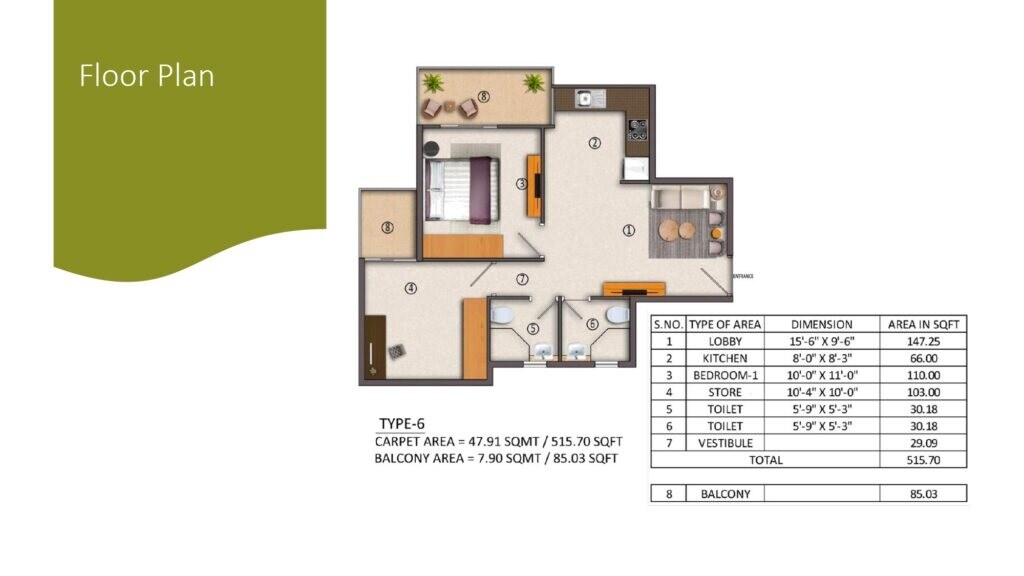 Floor plan of 1 BHK 601 Sq. Ft. Apartment in Yashika 104, Gurgaon