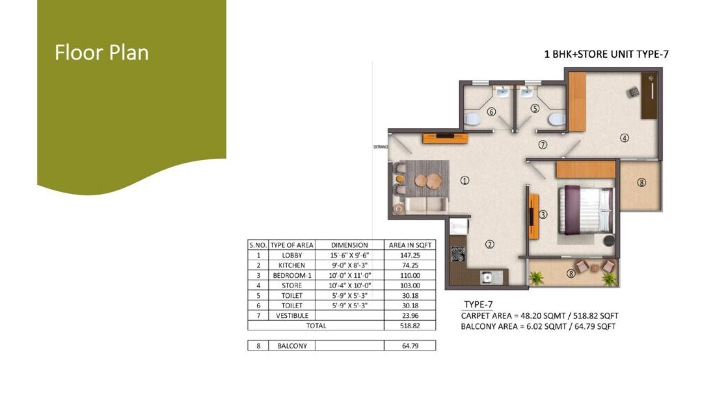 Floor plan of 1 BHK 584 Sq. Ft. Apartment in Yashika 104, Gurgaon