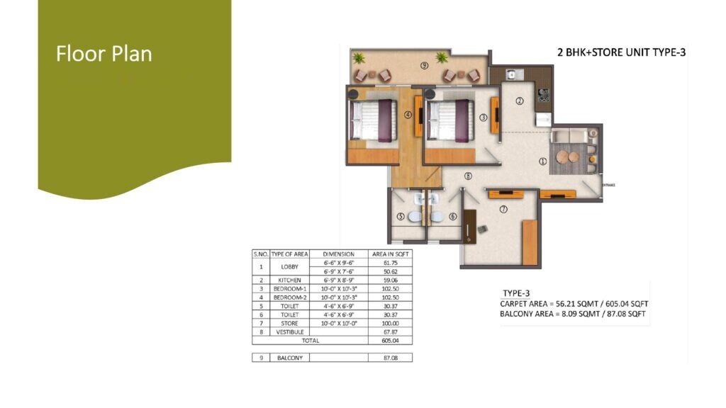Floor plan of 2 BHK 692 Sq. Ft. Apartment in Yashika 104, Gurgaon
