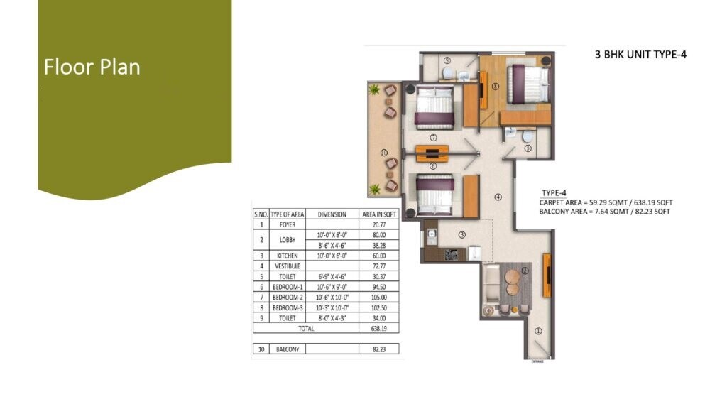 Floor plan of 3 BHK 720 Sq. Ft. Apartment in Yashika 104, Gurgaon