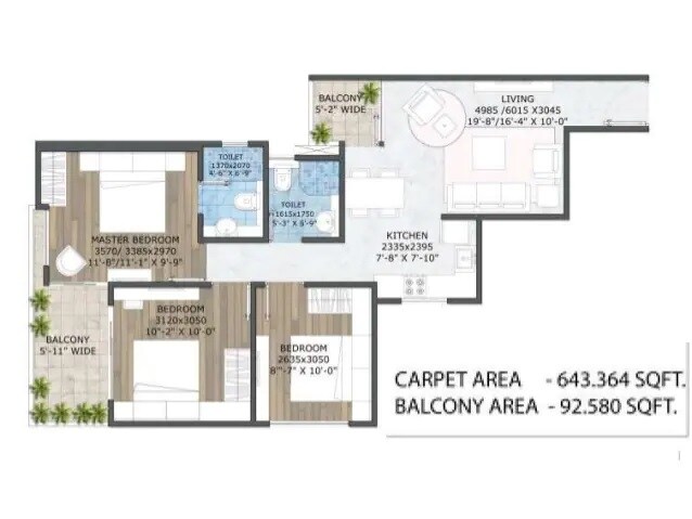 Floor plan of 3 BHK 736 Sq. Ft. Apartment in Zara Aavaas 3, Gurgaon