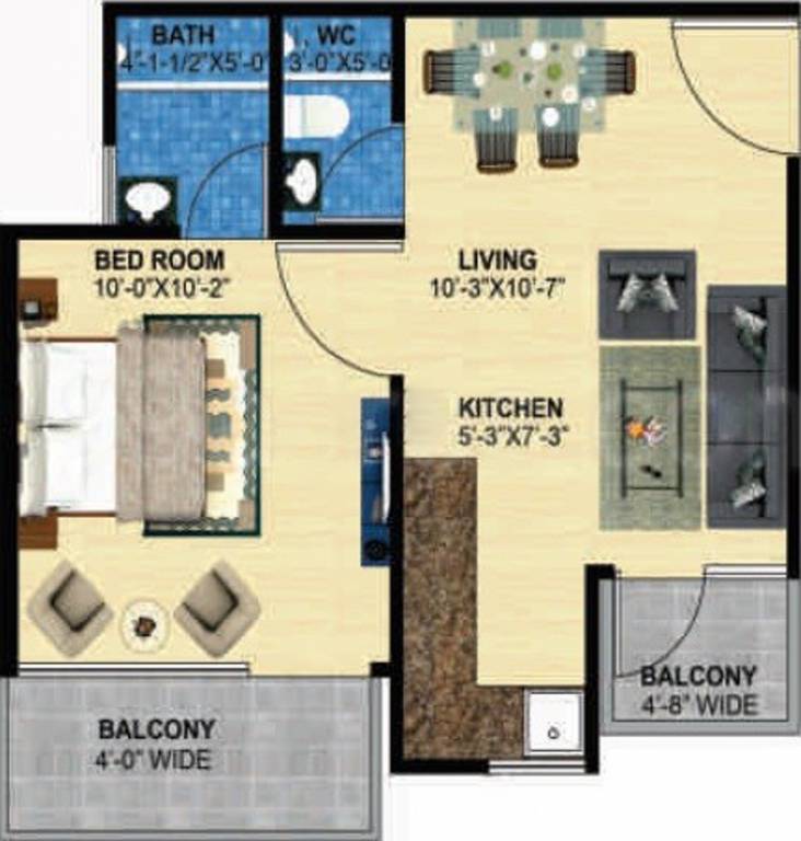 Floor plan of 1 BHK 400 Sq. Ft. Apartment in Zara Aavaas, Gurgaon