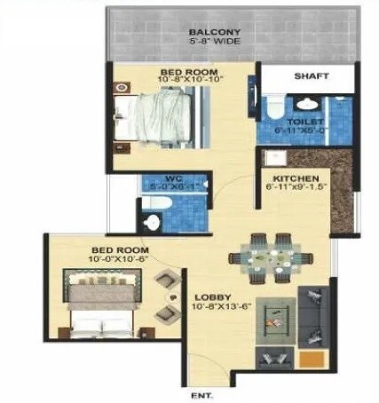 Floor plan of 2 BHK 598 Sq. Ft. Apartment in Zara Aavaas, Gurgaon