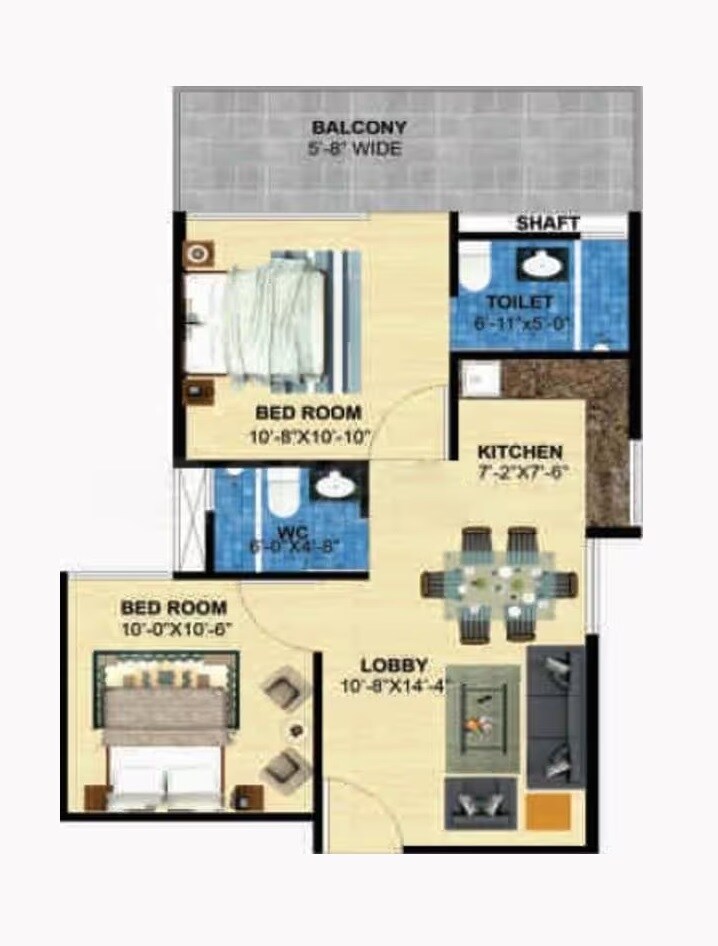 Floor plan of 2 BHK 762 Sq. Ft. Apartment in Zara Aavaas, Gurgaon