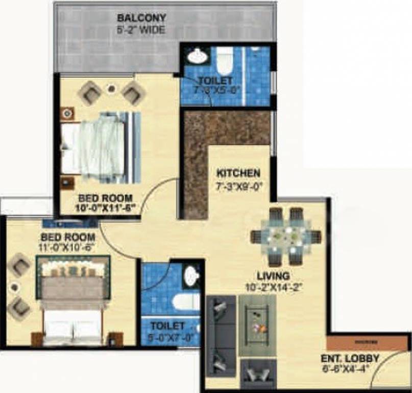 Floor plan of 2 BHK 669 Sq. Ft. Apartment in Zara Aavaas, Gurgaon