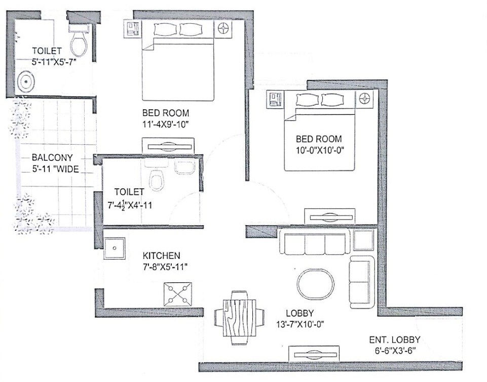 Floor plan of 2 BHK 900 Sq. Ft. Apartment in Zara Rossa, Gurgaon