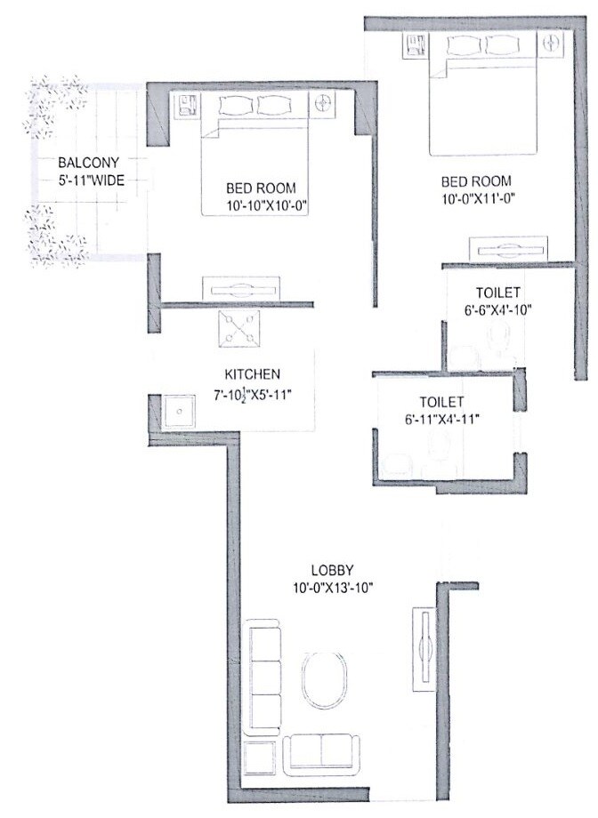 Floor plan of 2 BHK 950 Sq. Ft. Apartment in Zara Rossa, Gurgaon