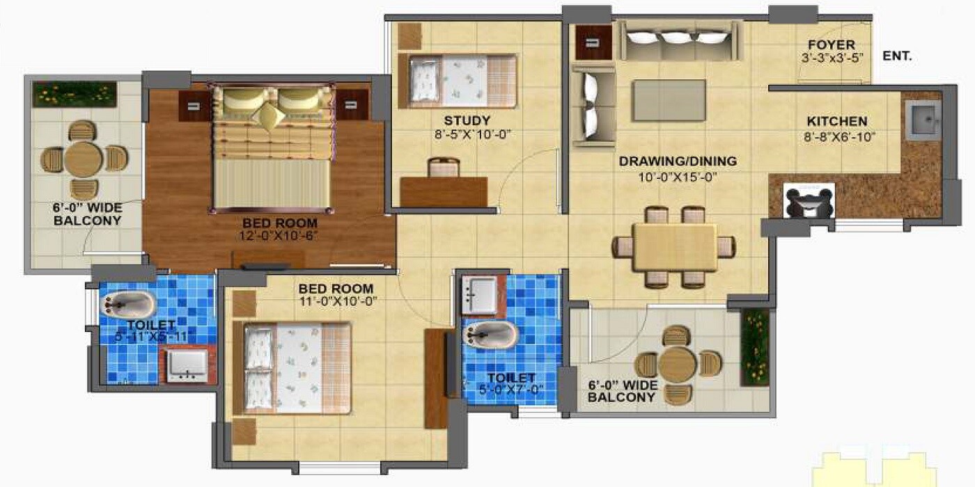 Floor plan of 3 BHK 1150 Sq. Ft. Apartment in Zara Rossa, Gurgaon