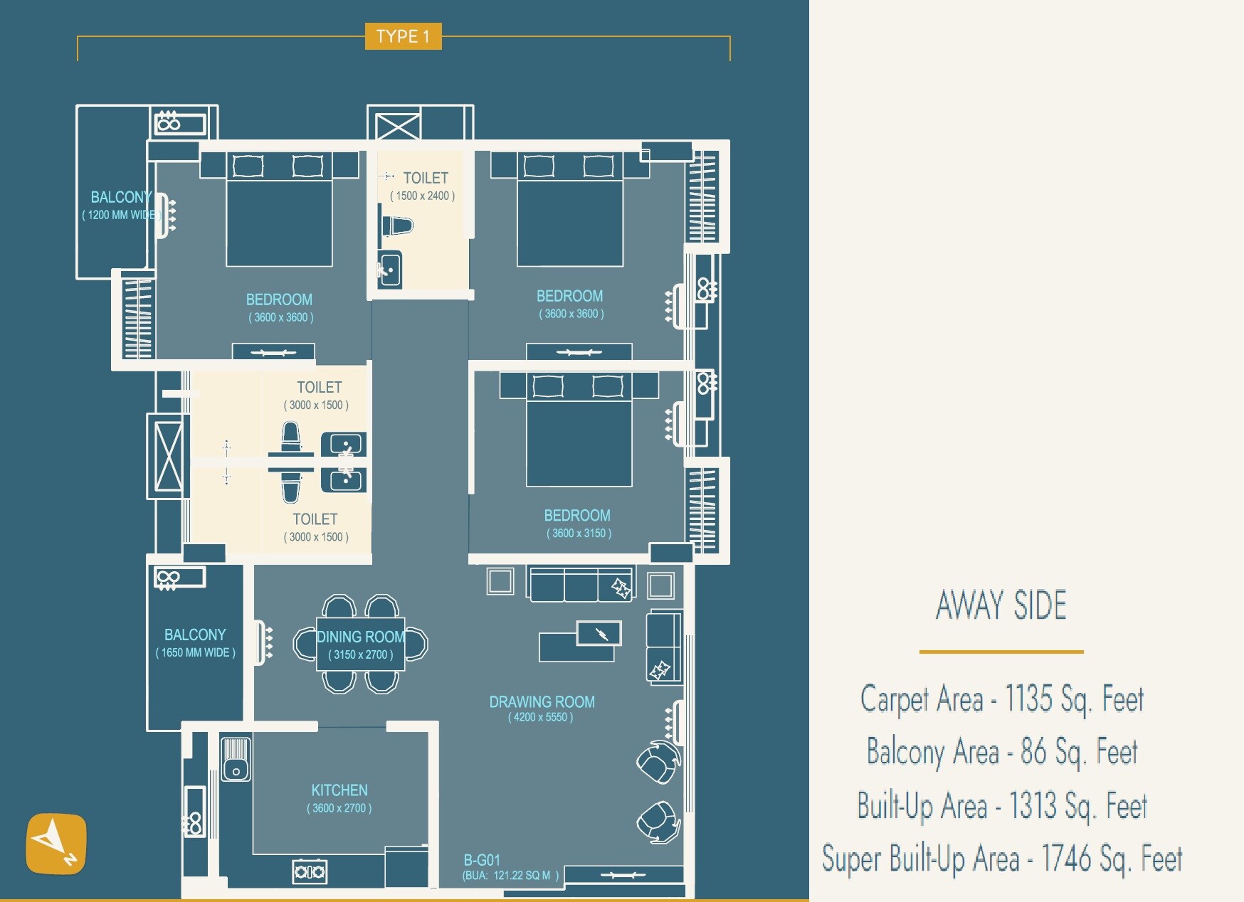 Floor plan of 3 BHK 1746 Sq. Ft. Apartment in Ja Ka Rajani Residence, Guwahati