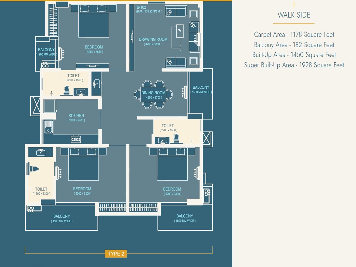 Floor plan of 3 BHK 1928 Sq. Ft. Apartment in Ja Ka Rajani Residence, Guwahati