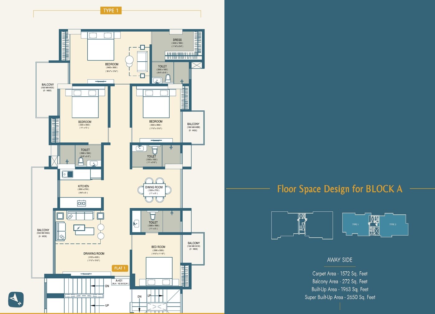 Floor plan of 4 BHK 2650 Sq. Ft. Apartment in Ja Ka Rajani Residence, Guwahati