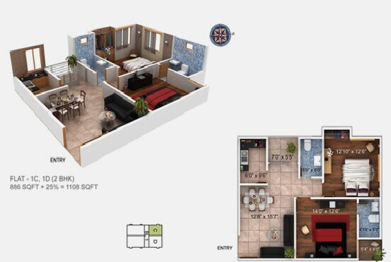 Floor plan of 2 BHK Apartment - 686 sq. ft. in Paramount Grande, Guwahati