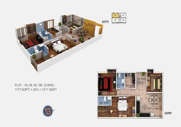 Floor plan of 3 BHK Apartment - 912 sq. ft. in Paramount Grande, Guwahati
