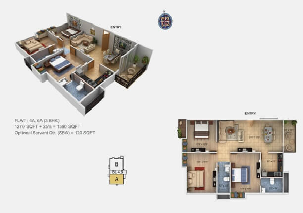 Floor plan of 3 BHK Apartment - 1006 sq. ft. in Paramount Grande, Guwahati