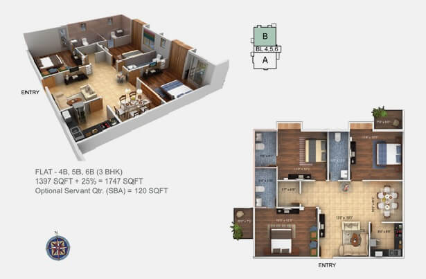 Floor plan of 3 BHK Apartment - 1747 sq. ft. in Paramount Grande, Guwahati