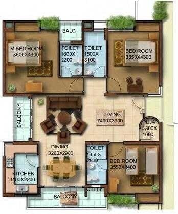 Floor plan of 3 BHK 1250 Sq. Ft. Apartment in Shine Heaven, Guwahati