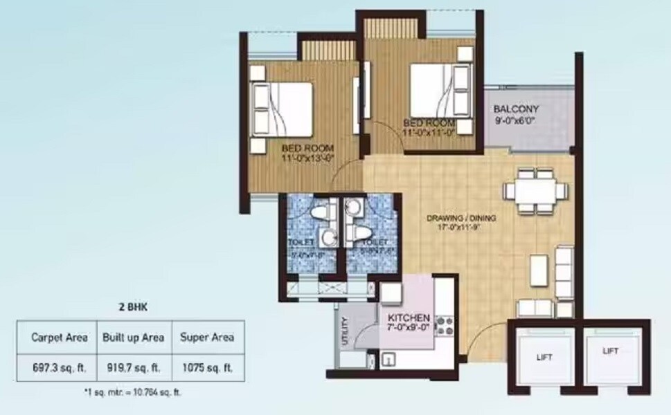 2 BHK 1075 Sq. Ft. Apartment