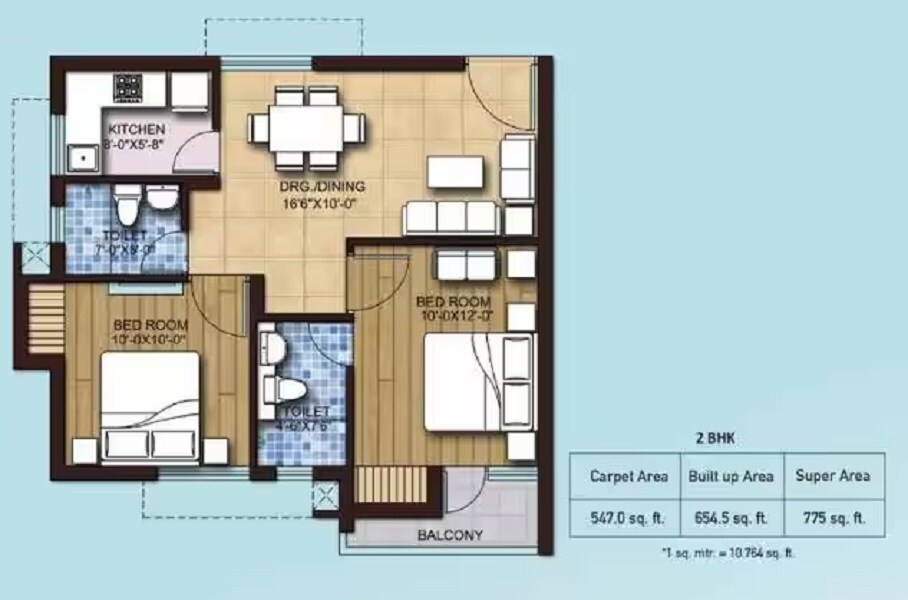 Floor plan of 2 BHK 775 Sq. Ft. Apartment in Hero Haridwar Greens, Haridwar