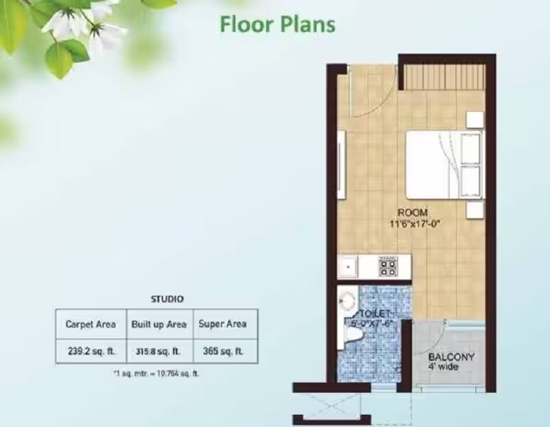Floor plan of 365 Sq. Ft. Studio in Hero Haridwar Greens, Haridwar