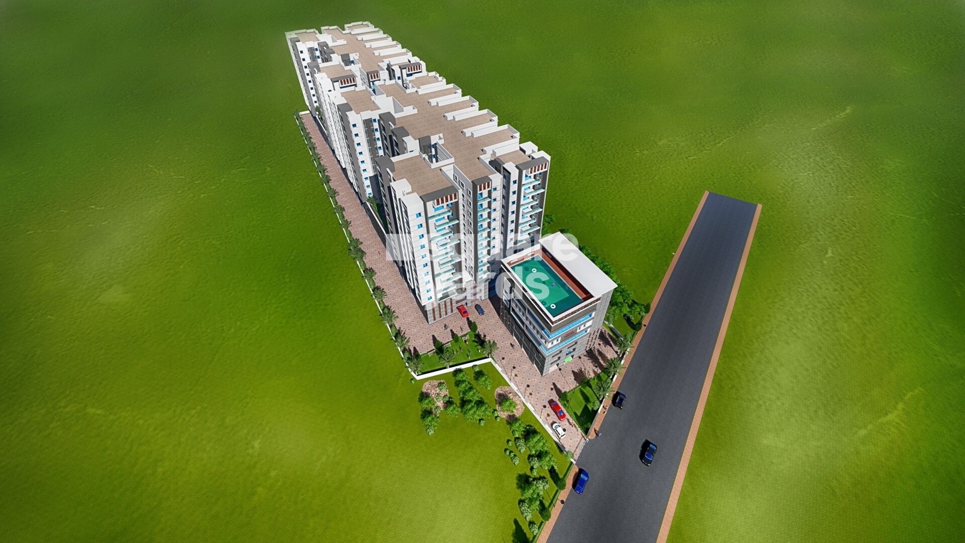 Goldenkey-Meraki_an aerial view of a city with a large building