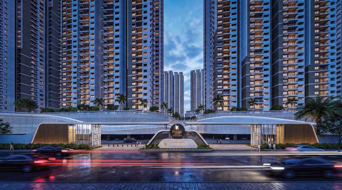 Premium gated community entrance at night