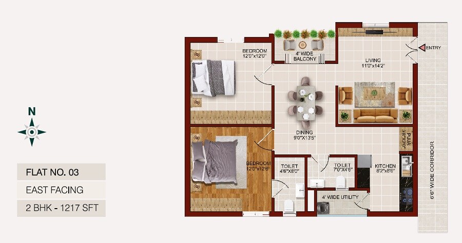 Floor plan of 2 BHK 1217 Sq. Ft. Apartment in 9 Krafts Raagas Krithi, Hyderabad
