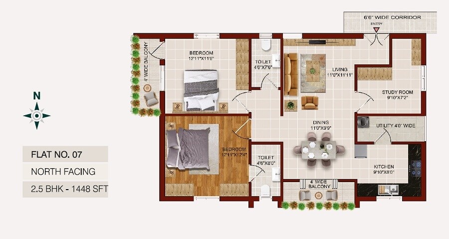 Floor plan of 2 BHK 1448 Sq. Ft. Apartment in 9 Krafts Raagas Krithi, Hyderabad