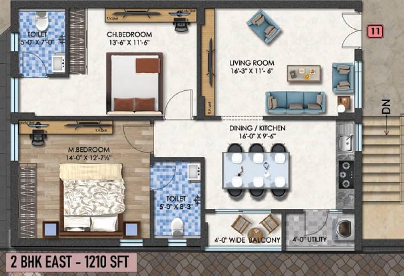 Floor plan of 2 BHK 1210 Sq. Ft. Apartment in Aaditri Emerald, Hyderabad