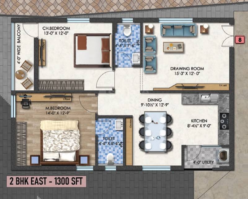 Floor plan of 2 BHK 1300 Sq. Ft. Apartment in Aaditri Emerald, Hyderabad