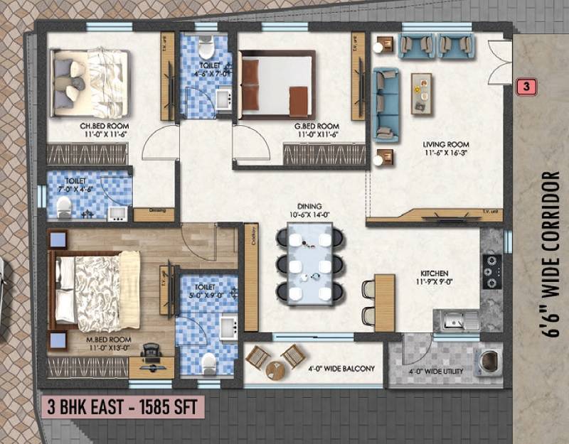 Floor plan of 3 BHK 1585 Sq. Ft. Apartment in Aaditri Emerald, Hyderabad