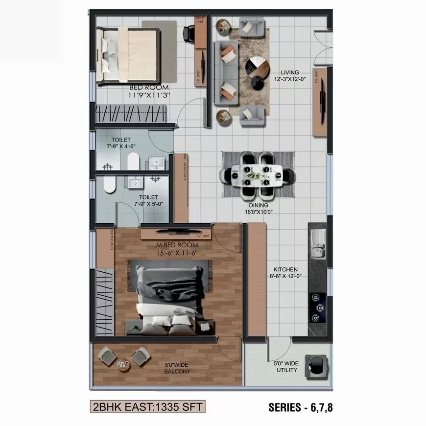 Floor plan of 2 BHK 1335 Sq. Ft. Apartment in Aaditri Everest, Hyderabad