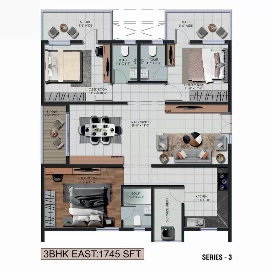 Floor plan of 3 BHK 1745 Sq. Ft. Apartment in Aaditri Everest, Hyderabad