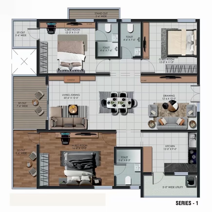 Floor plan of 3 BHK 3080 Sq. Ft. Apartment in Aaditri Everest, Hyderabad
