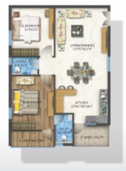 Floor plan of 2 BHK 1250 Sq. Ft. Apartment in Aaditris Empire Apartments, Hyderabad