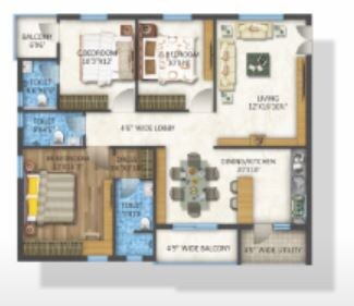 Floor plan of 3 BHK 1900 Sq. Ft. Apartment in Aaditris Empire Apartments, Hyderabad