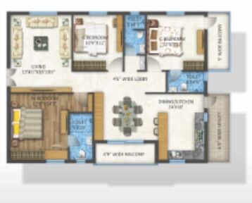 Floor plan of 3 BHK 1665 Sq. Ft. Apartment in Aaditris Empire Apartments, Hyderabad