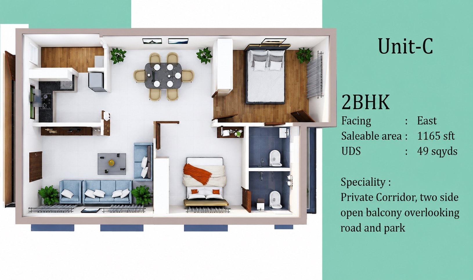 Floor plan of 2 BHK 1165 Sq. Ft. Apartment in Aadriti Aira, Hyderabad