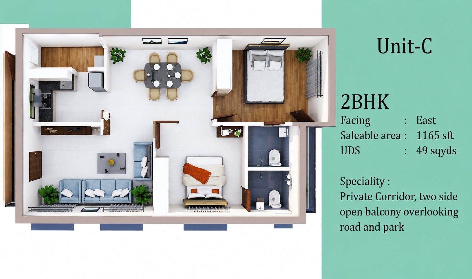 Floor plan of 2 BHK 1165 Sq. Ft. Apartment in Aadriti Aira, Hyderabad