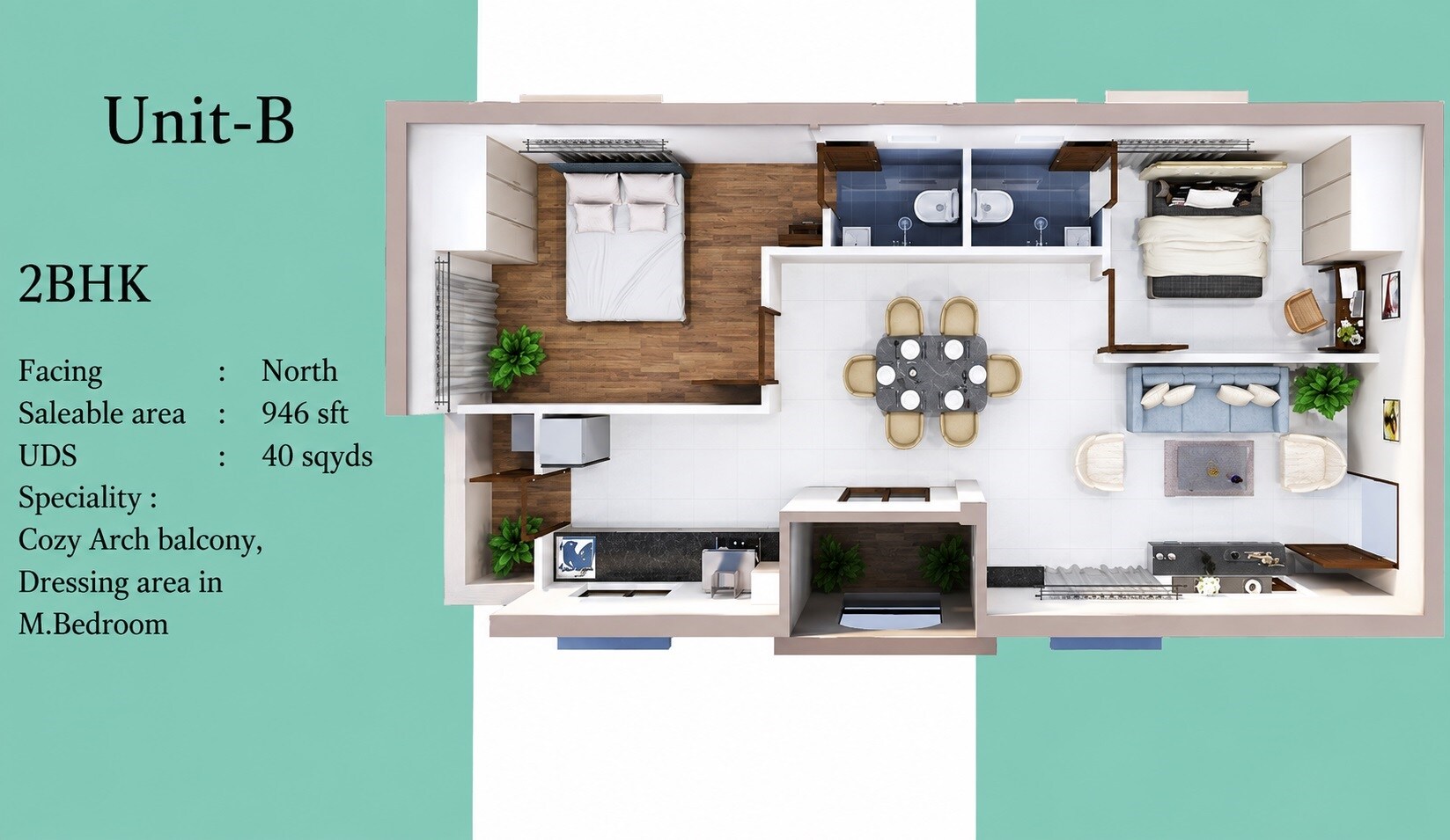 Floor plan of 2 BHK 945 Sq. Ft. Apartment in Aadriti Aira, Hyderabad
