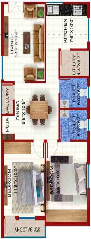 Floor plan of 2 BHK 1085 Sq. Ft. Apartment in Aadyas Vidhatri, Hyderabad